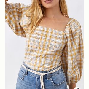 ANTHROPOLOGIE MAEVE Yellow Plaid Square Neck Puff Sleeve Top